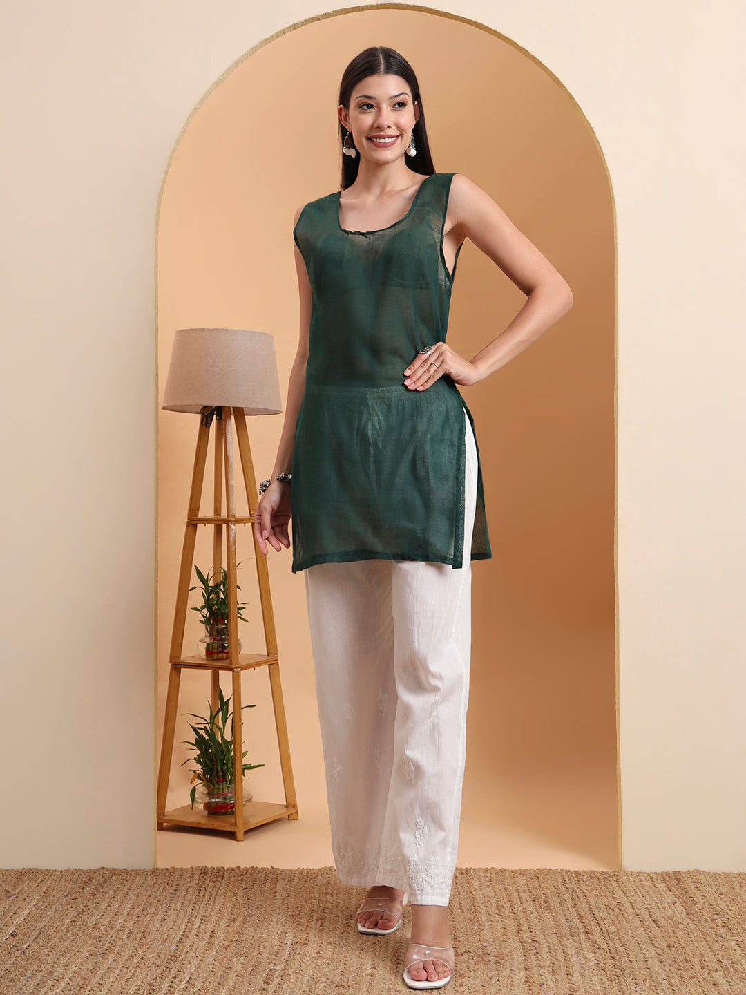 Ethnic Motifs Hand Embroidered Kota Cotton Lucknowi Chikankari Kurta