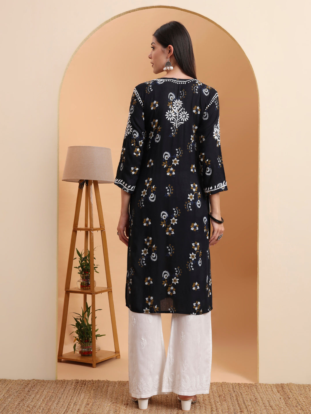 Ethnic Motifs Hand Embroidered Rayon Lucknowi Chikankari Kurta