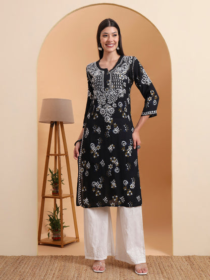 Ethnic Motifs Hand Embroidered Rayon Lucknowi Chikankari Kurta