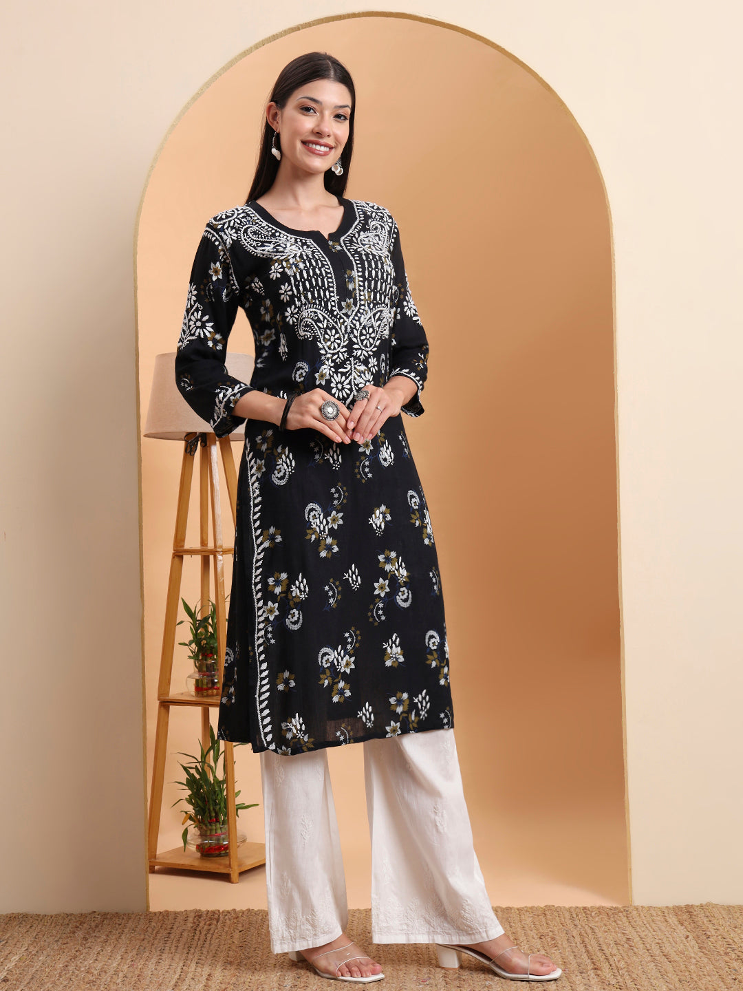 Ethnic Motifs Hand Embroidered Rayon Lucknowi Chikankari Kurta