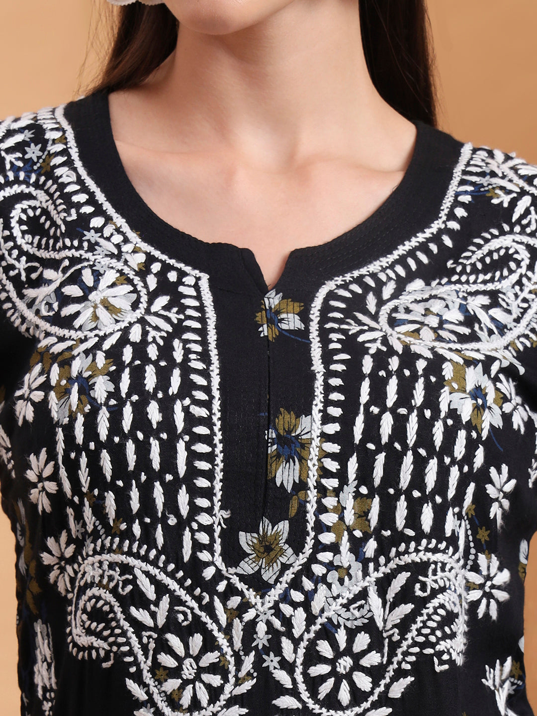 Ethnic Motifs Hand Embroidered Rayon Lucknowi Chikankari Kurta