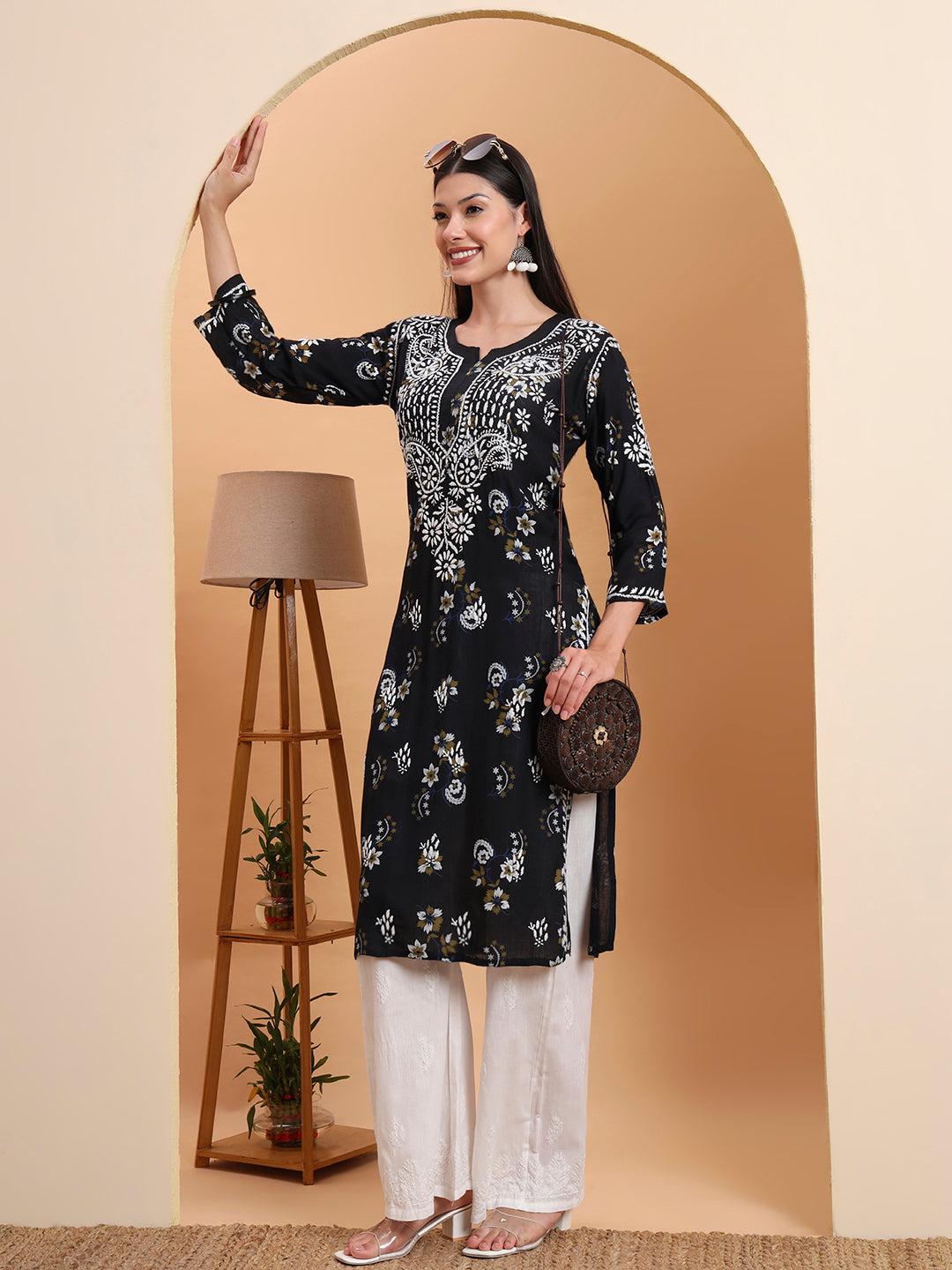 Ethnic Motifs Hand Embroidered Rayon Lucknowi Chikankari Kurta