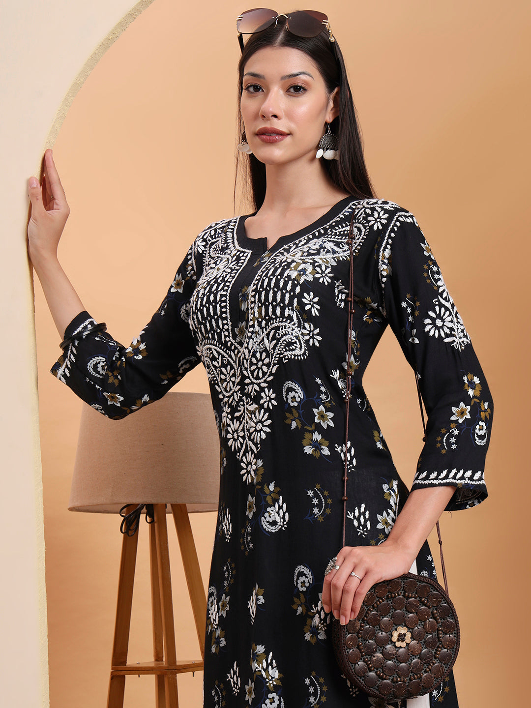 Ethnic Motifs Hand Embroidered Rayon Lucknowi Chikankari Kurta