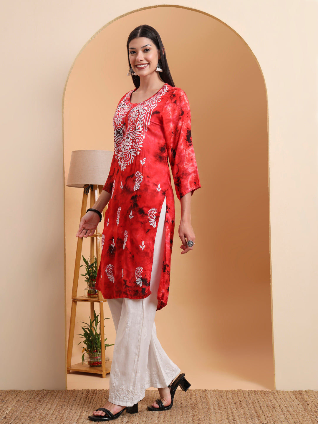 Ethnic Motifs Hand Embroidered Rayon Lucknowi Chikankari Kurta
