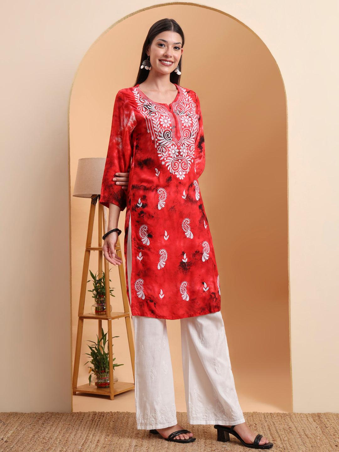 Ethnic Motifs Hand Embroidered Rayon Lucknowi Chikankari Kurta