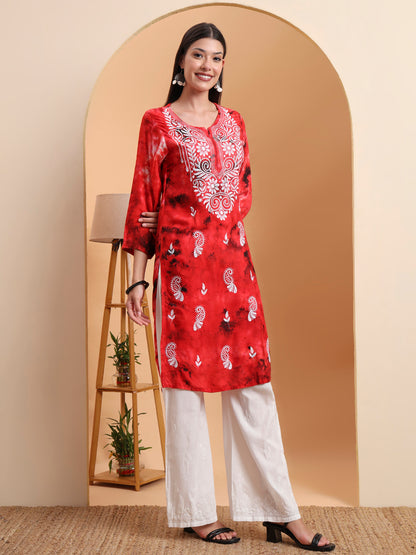 Ethnic Motifs Hand Embroidered Rayon Lucknowi Chikankari Kurta