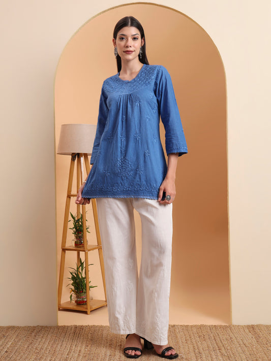 Ethnic Motifs Dobi Cotton Hand Embroidered Lucknowi Chikankari Short Top- Blue
