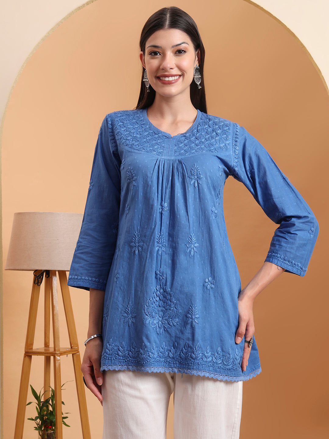 Ethnic Motifs Dobi Cotton Hand Embroidered Lucknowi Chikankari Short Top- Blue