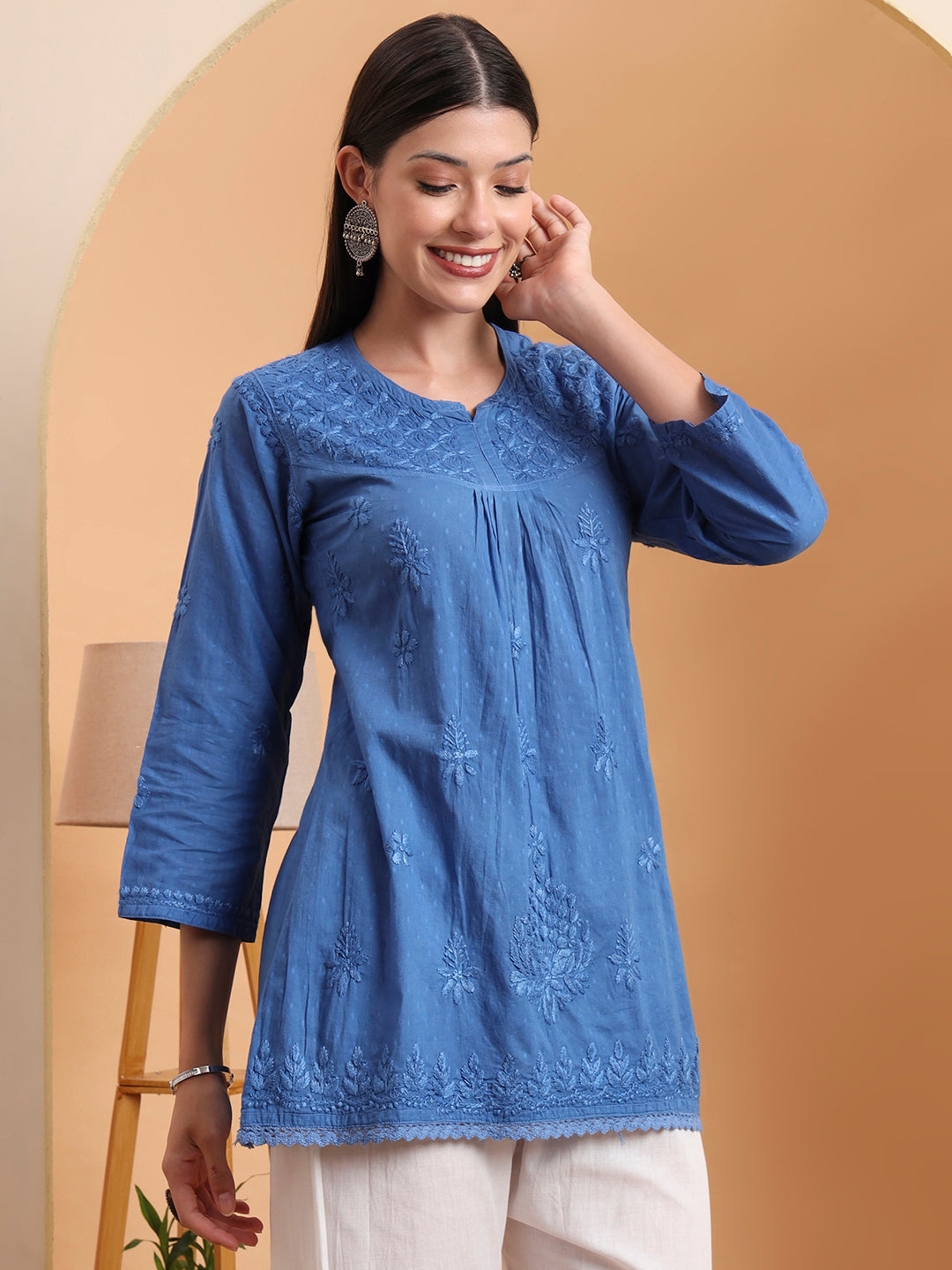 Ethnic Motifs Dobi Cotton Hand Embroidered Lucknowi Chikankari Short Top- Blue