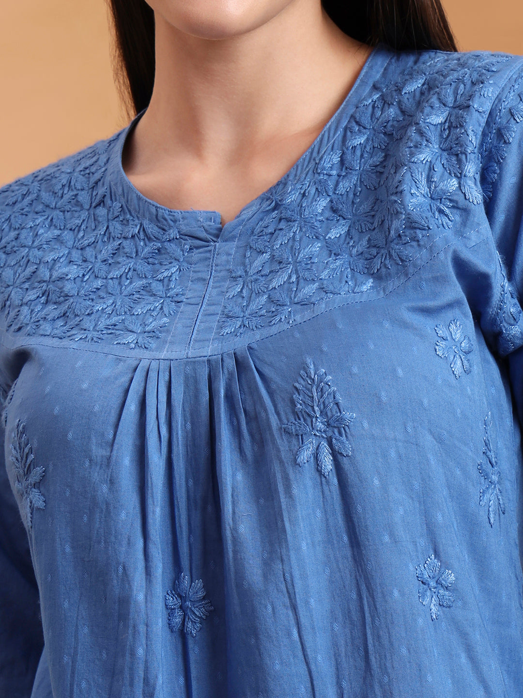 Ethnic Motifs Dobi Cotton Hand Embroidered Lucknowi Chikankari Short Top- Blue