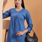 Ethnic Motifs Dobi Cotton Hand Embroidered Lucknowi Chikankari Short Top- Blue