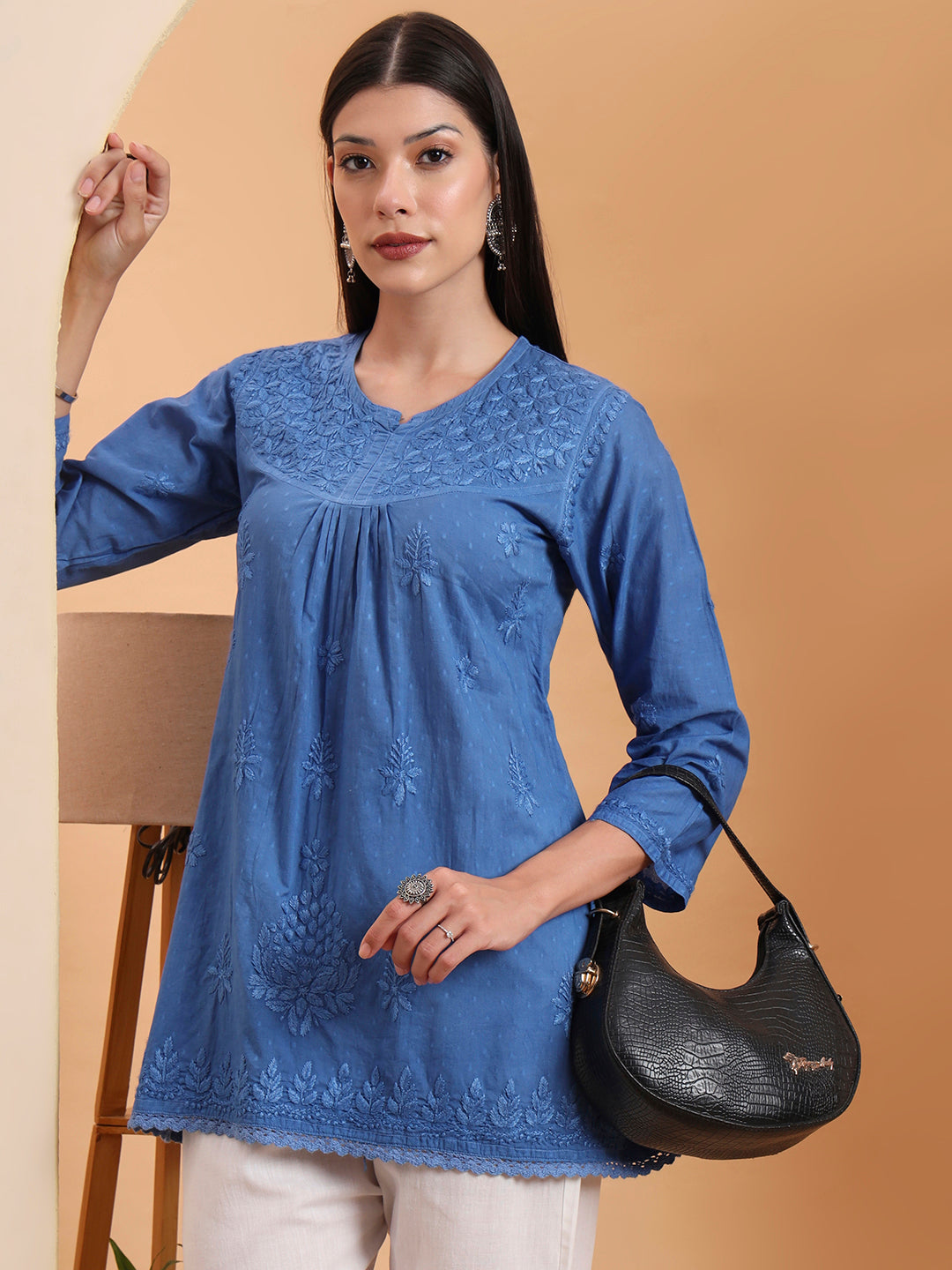 Ethnic Motifs Dobi Cotton Hand Embroidered Lucknowi Chikankari Short Top- Blue