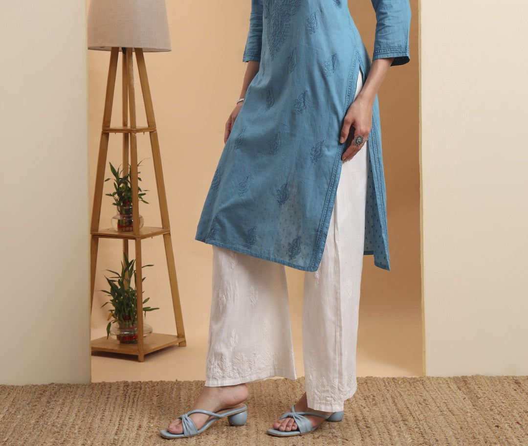 Elenora Women's White Cotton Straight Pants with Chikankari Embroidery – Ethnic Bottom Wear
