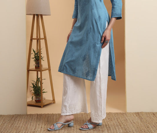 Elenora Women's White Cotton Straight Pants with Chikankari Embroidery – Ethnic Bottom Wear