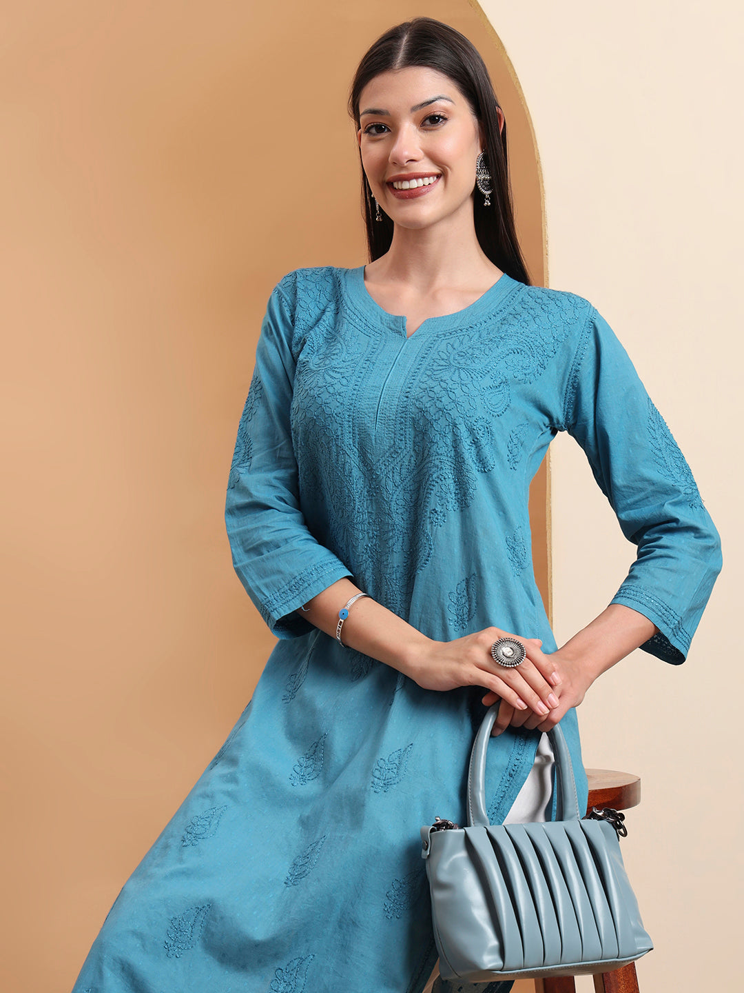 Ethnic Motifs Hand Embroidered Mulmul Lucknowi Chikankari Kurta