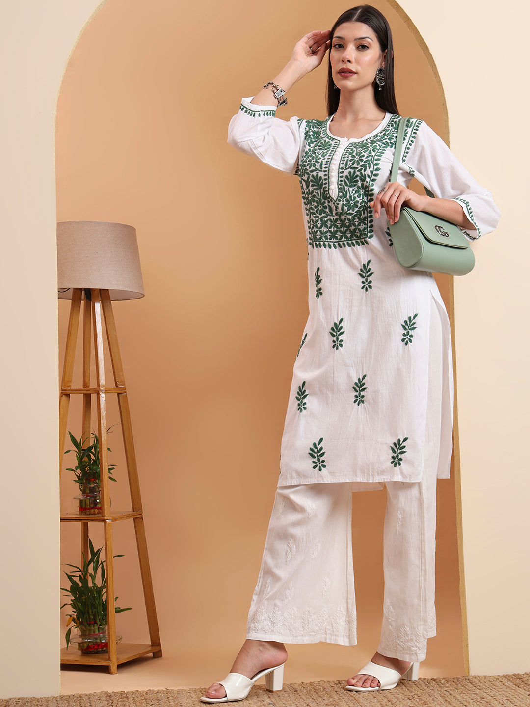 Ethnic Motifs Hand Embroidered Mulmul Lucknowi Chikankari Kurta