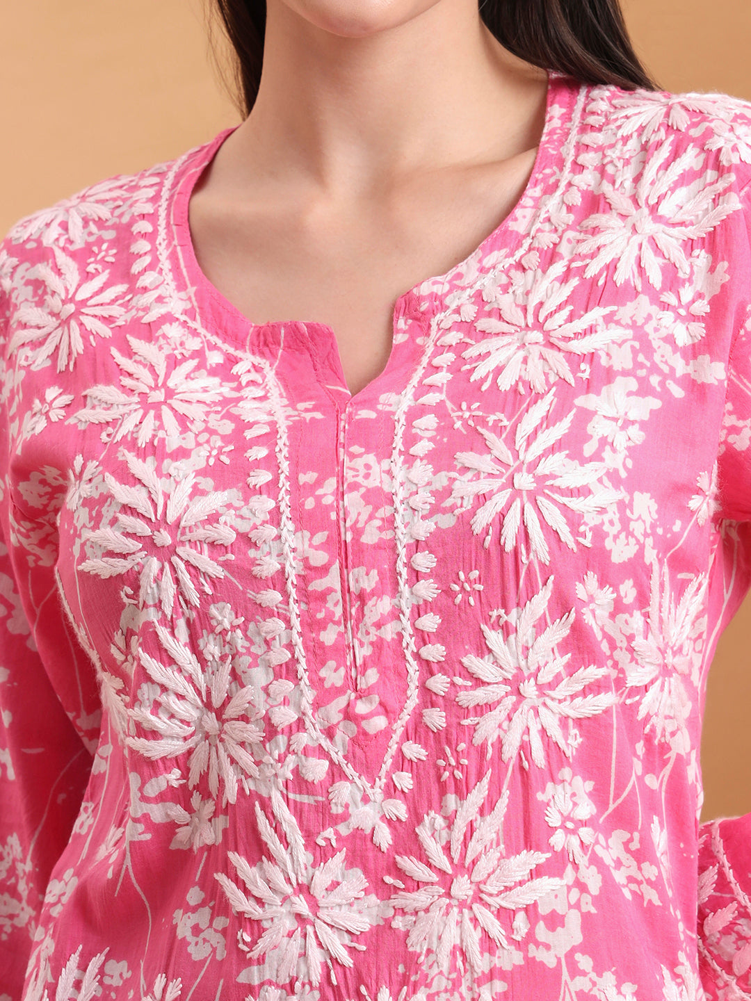 Ethnic Motifs Hand Embroidered Mulmul Lucknowi Chikankari Kurta