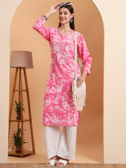 Ethnic Motifs Hand Embroidered Mulmul Lucknowi Chikankari Kurta