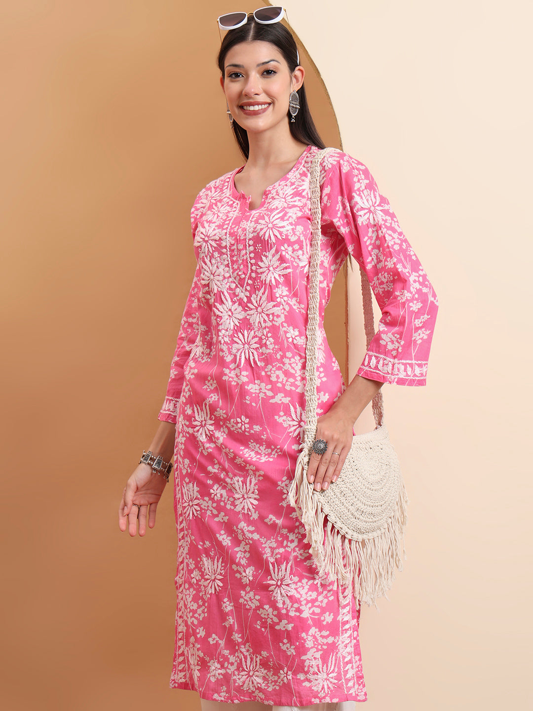 Ethnic Motifs Hand Embroidered Mulmul Lucknowi Chikankari Kurta