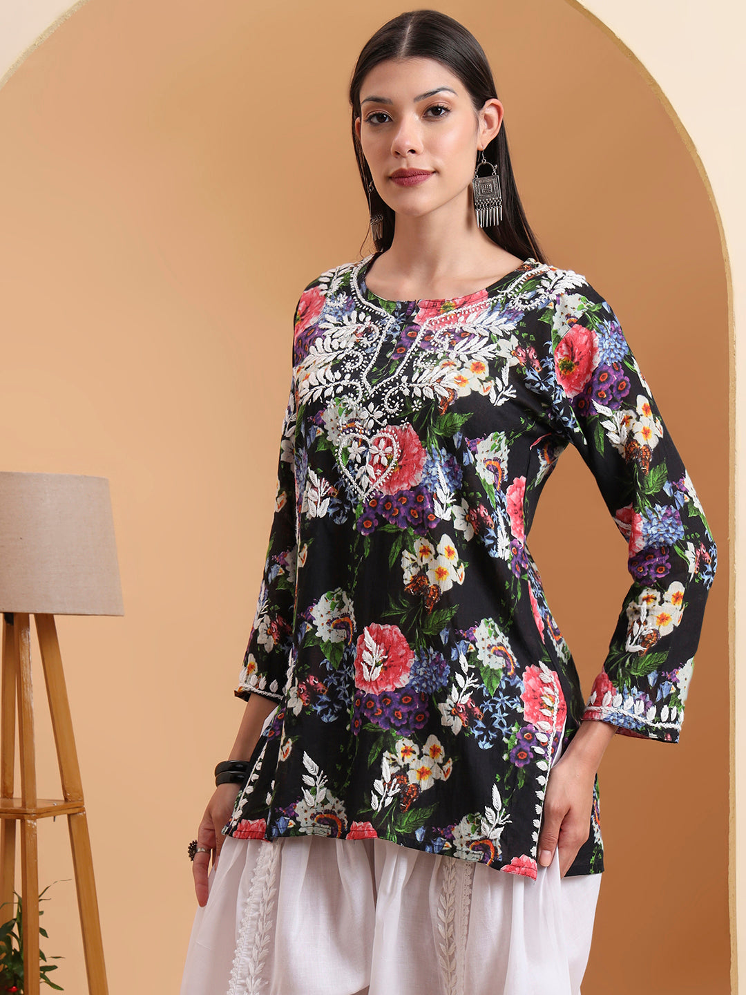 Ethnic Motifs Hand Embroidered Mulmul Lucknowi Chikankari Short Top