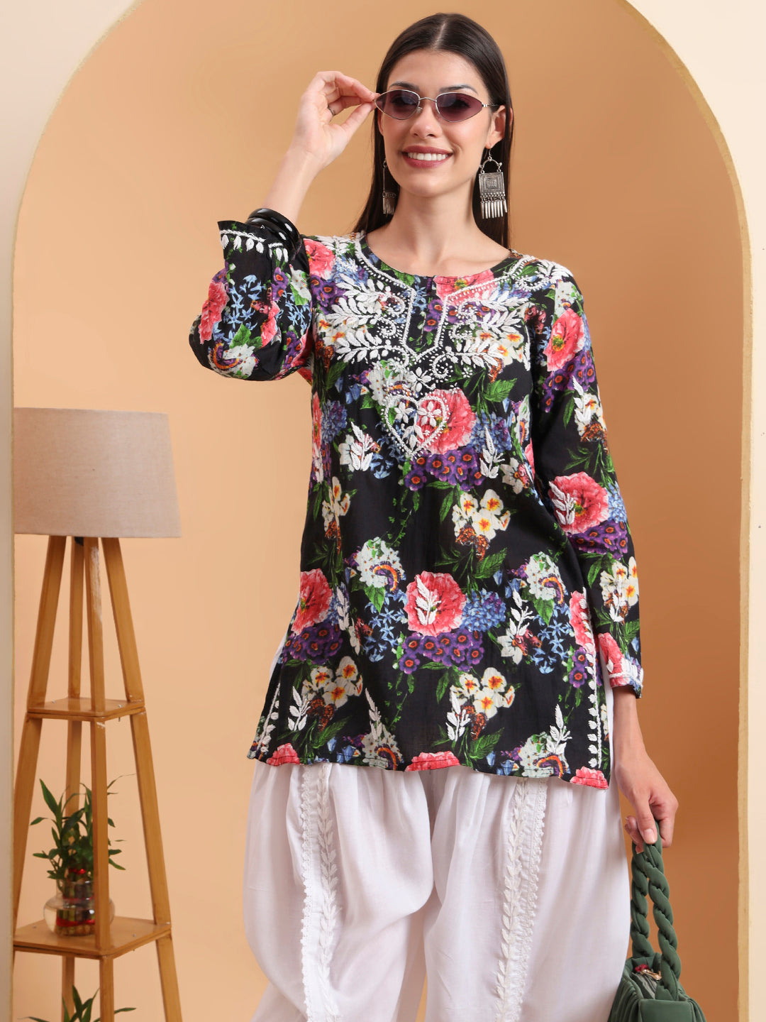 Ethnic Motifs Hand Embroidered Mulmul Lucknowi Chikankari Short Top