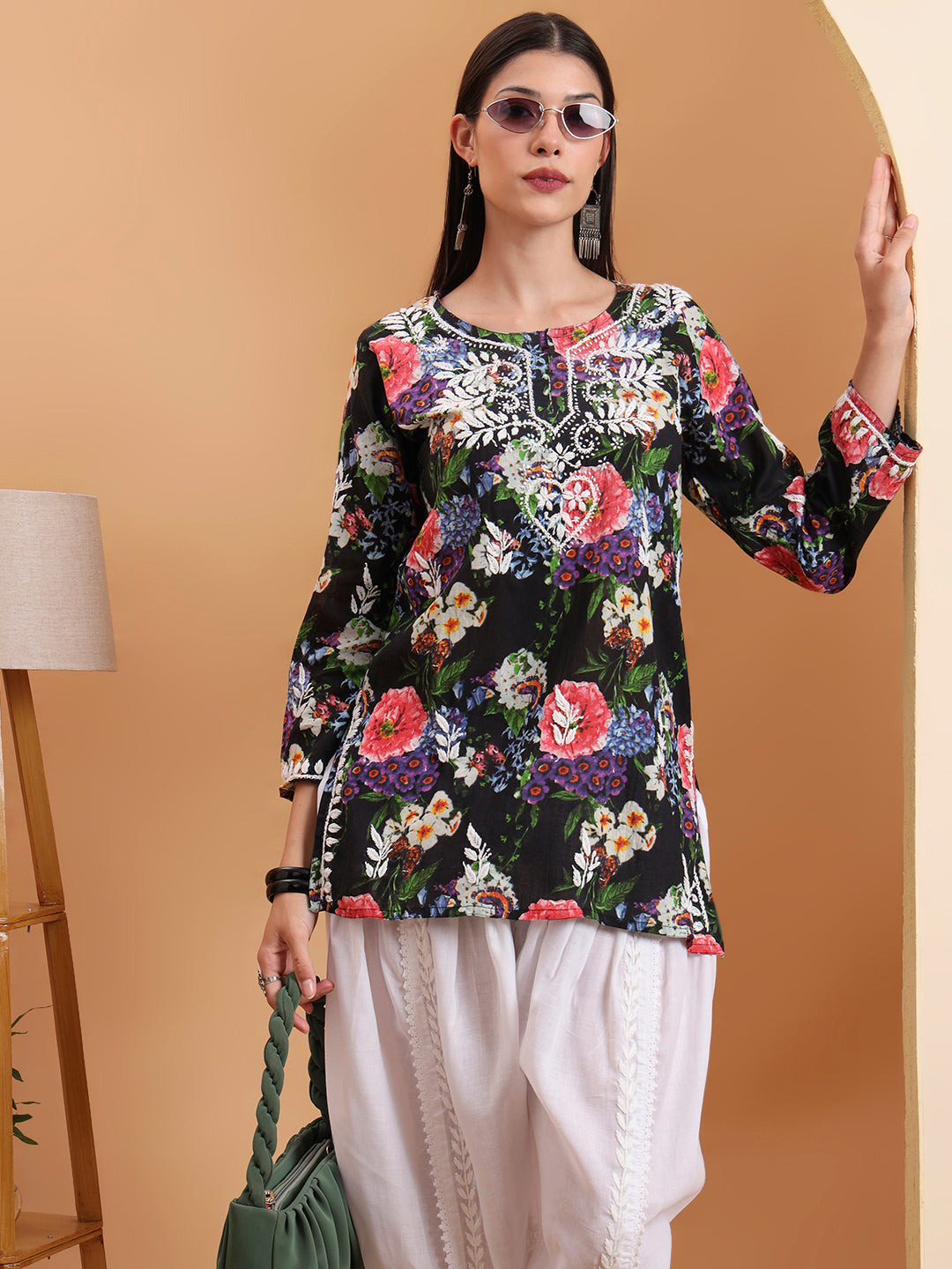 Ethnic Motifs Hand Embroidered Mulmul Lucknowi Chikankari Short Top