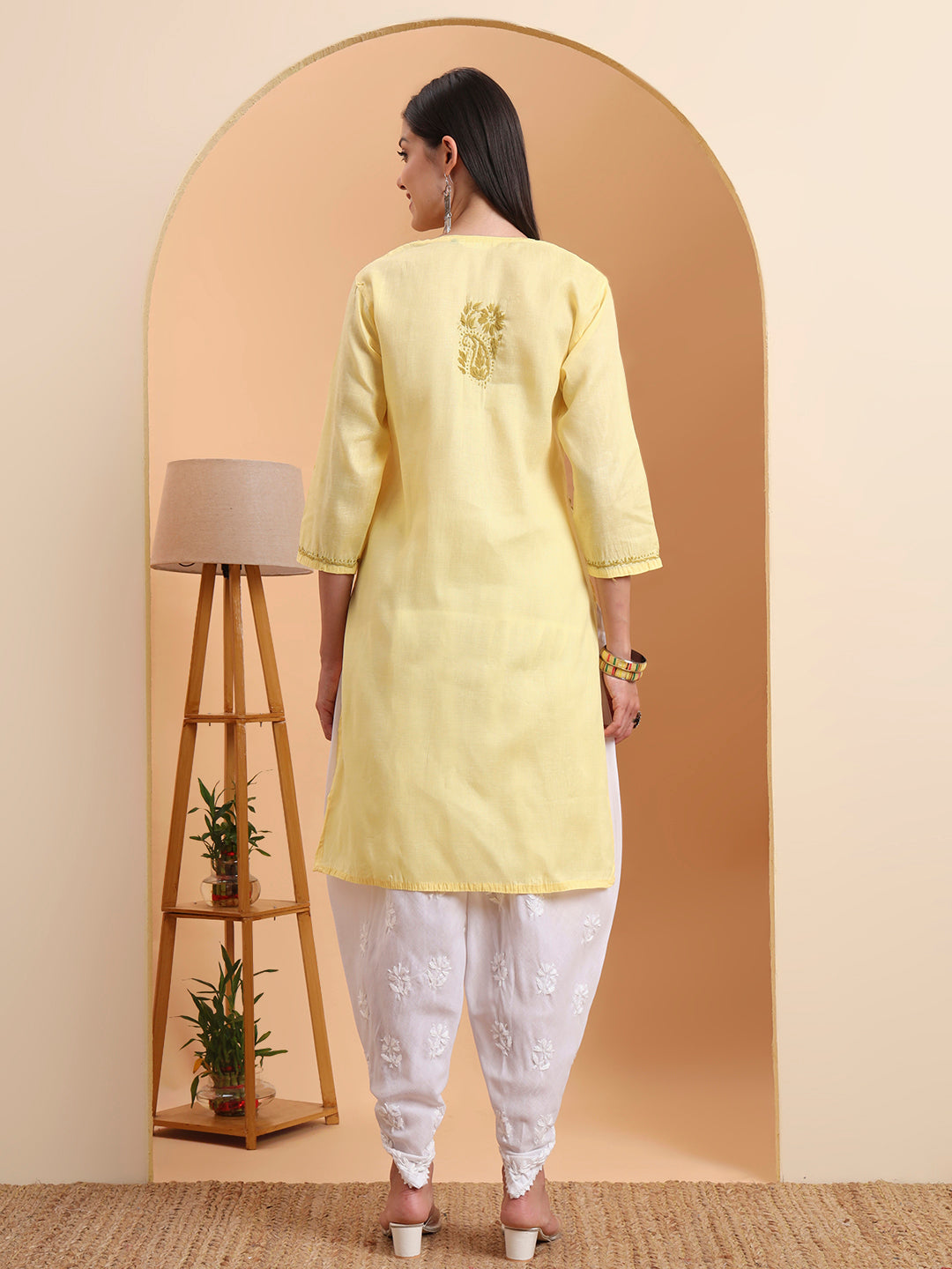 Ethnic Motifs Hand Embroidered Khadi Cotton Lucknowi Chikankari Kurta