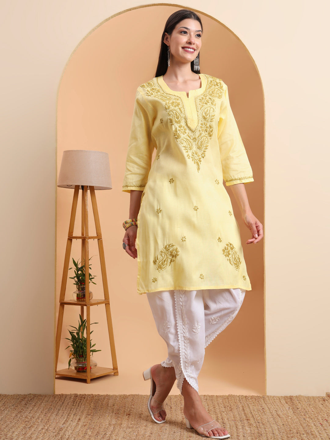 Ethnic Motifs Hand Embroidered Khadi Cotton Lucknowi Chikankari Kurta