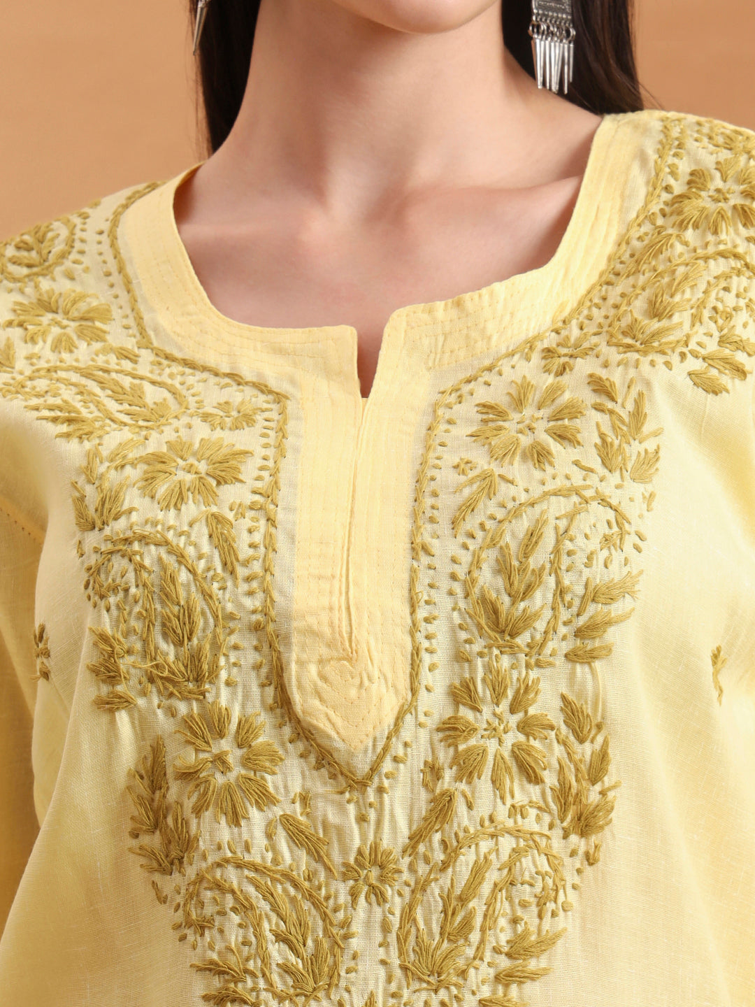 Ethnic Motifs Hand Embroidered Khadi Cotton Lucknowi Chikankari Kurta