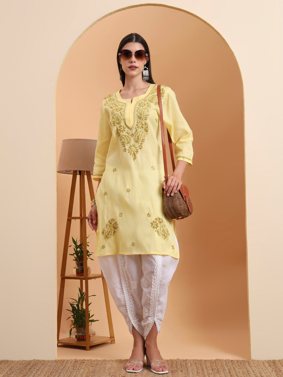 Ethnic Motifs Hand Embroidered Khadi Cotton Lucknowi Chikankari Kurta