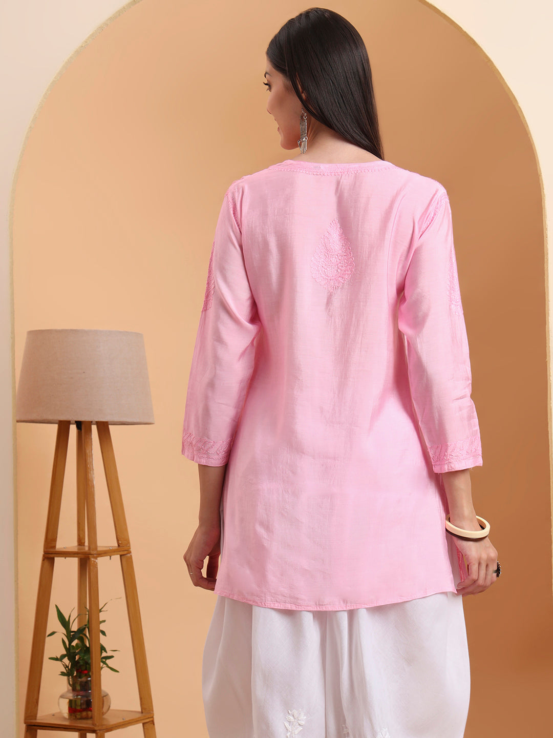 Ethnic Motifs Hand Embroidered Chanderi Lucknowi Chikankari Short Top