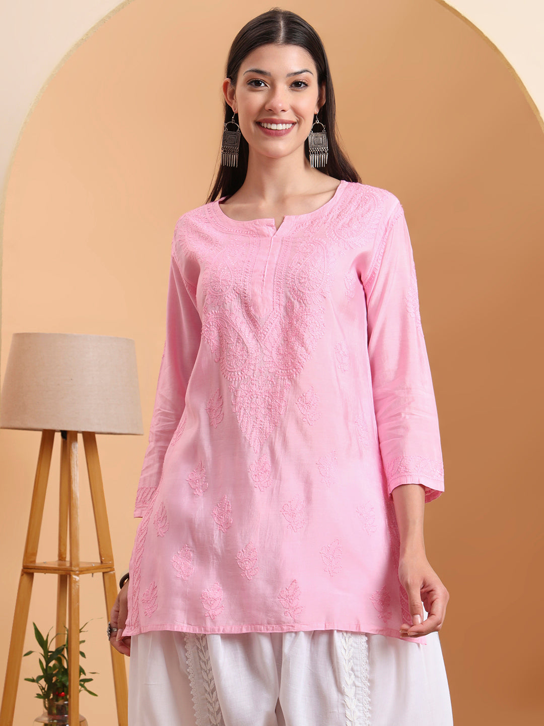Ethnic Motifs Hand Embroidered Chanderi Lucknowi Chikankari Short Top