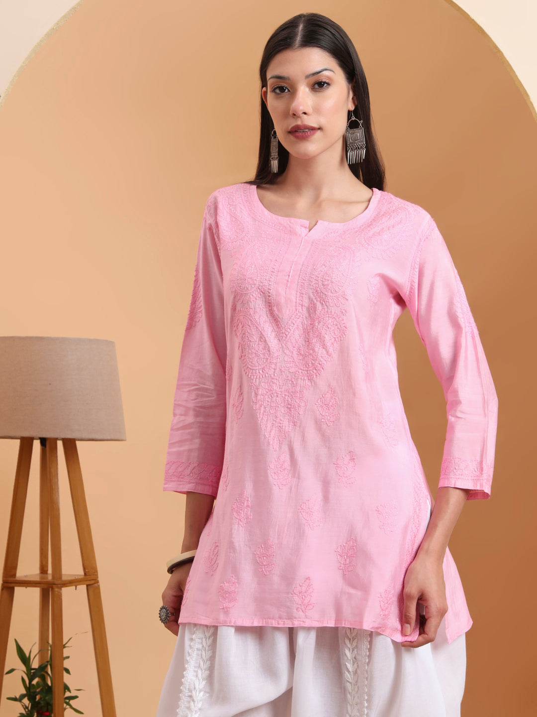 Ethnic Motifs Hand Embroidered Chanderi Lucknowi Chikankari Short Top