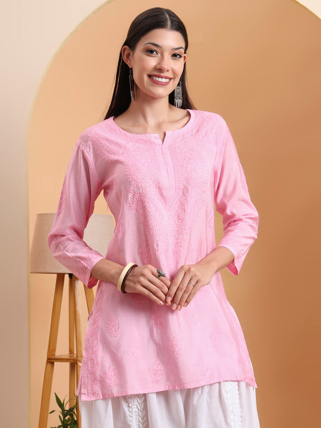Ethnic Motifs Hand Embroidered Chanderi Lucknowi Chikankari Short Top