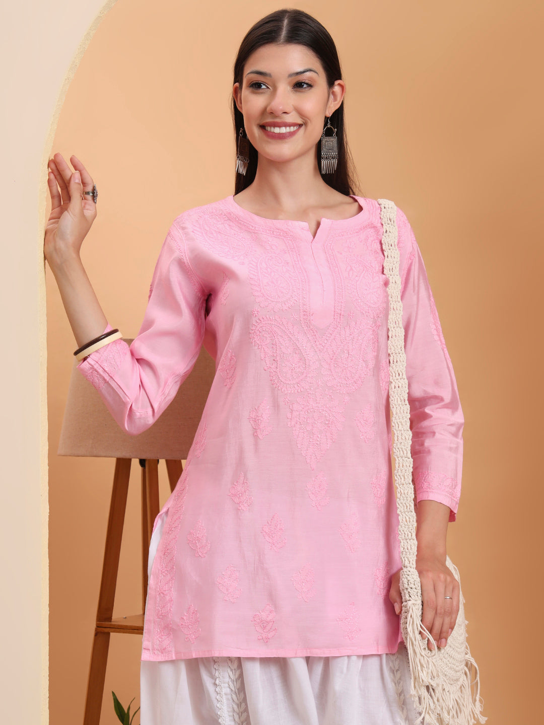 Ethnic Motifs Hand Embroidered Chanderi Lucknowi Chikankari Short Top