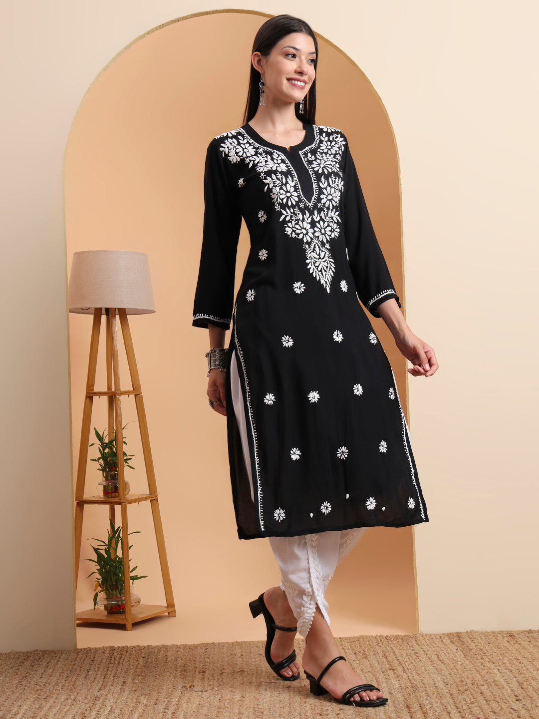 Ethnic Motifs Hand Embroidered Modal Lucknowi Chikankari Kurta