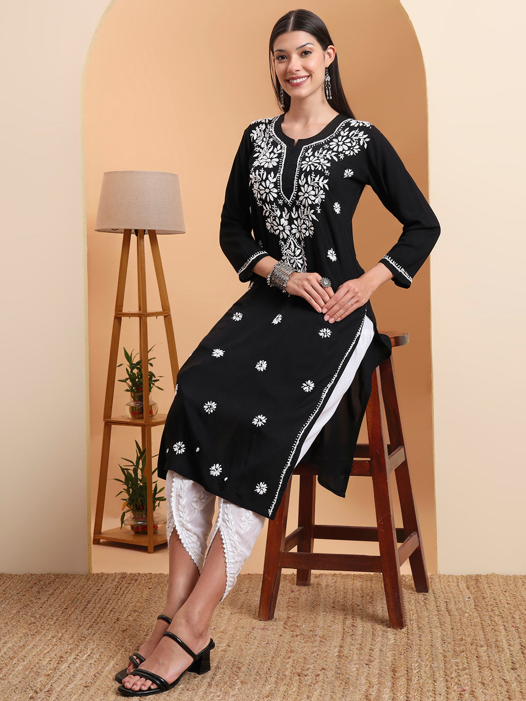 Ethnic Motifs Hand Embroidered Modal Lucknowi Chikankari Kurta