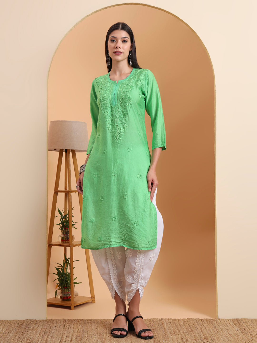 Ethnic Motifs Hand Embroidered Chanderi Lucknowi Chikankari Kurta