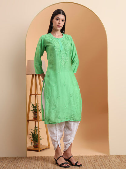 Ethnic Motifs Hand Embroidered Chanderi Lucknowi Chikankari Kurta