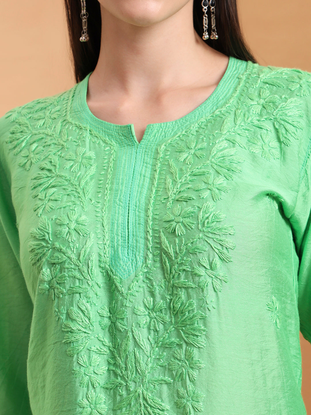 Ethnic Motifs Hand Embroidered Chanderi Lucknowi Chikankari Kurta