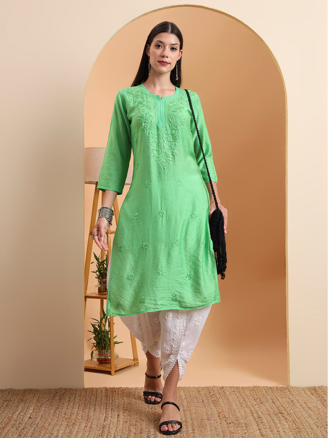 Ethnic Motifs Hand Embroidered Chanderi Lucknowi Chikankari Kurta