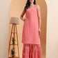 Elenora Women's Peach Georgette Chikankari Kurta Set with Sharara & Dupatta – Festive Ethnic Wear