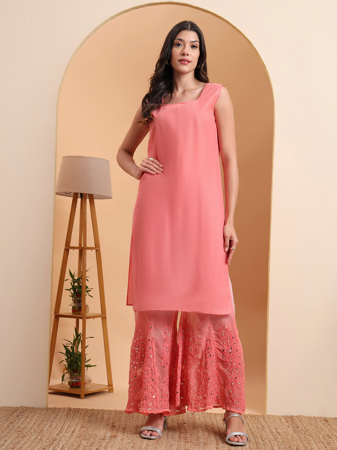 Elenora Women's Peach Georgette Chikankari Kurta Set with Sharara & Dupatta – Festive Ethnic Wear