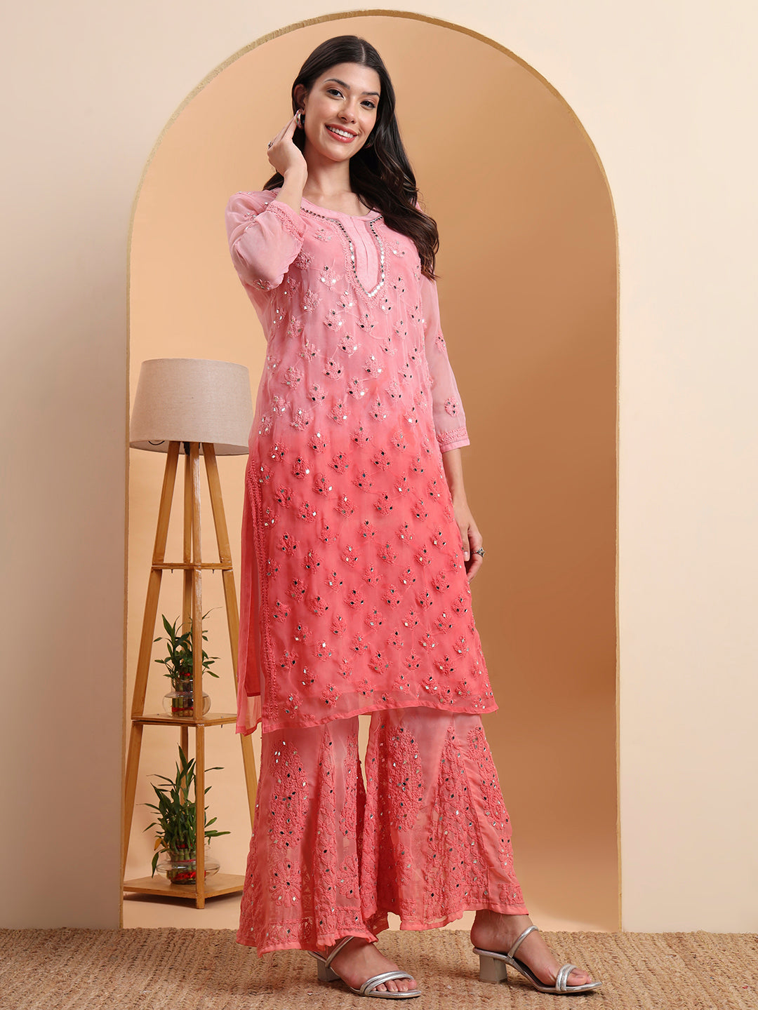 Elenora Women's Peach Georgette Chikankari Kurta Set with Sharara & Dupatta – Festive Ethnic Wear