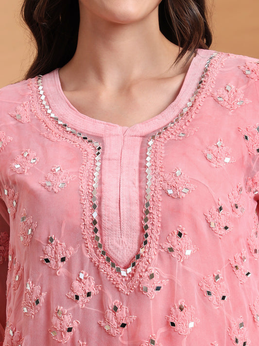 Elenora Women's Peach Georgette Chikankari Kurta Set with Sharara & Dupatta – Festive Ethnic Wear