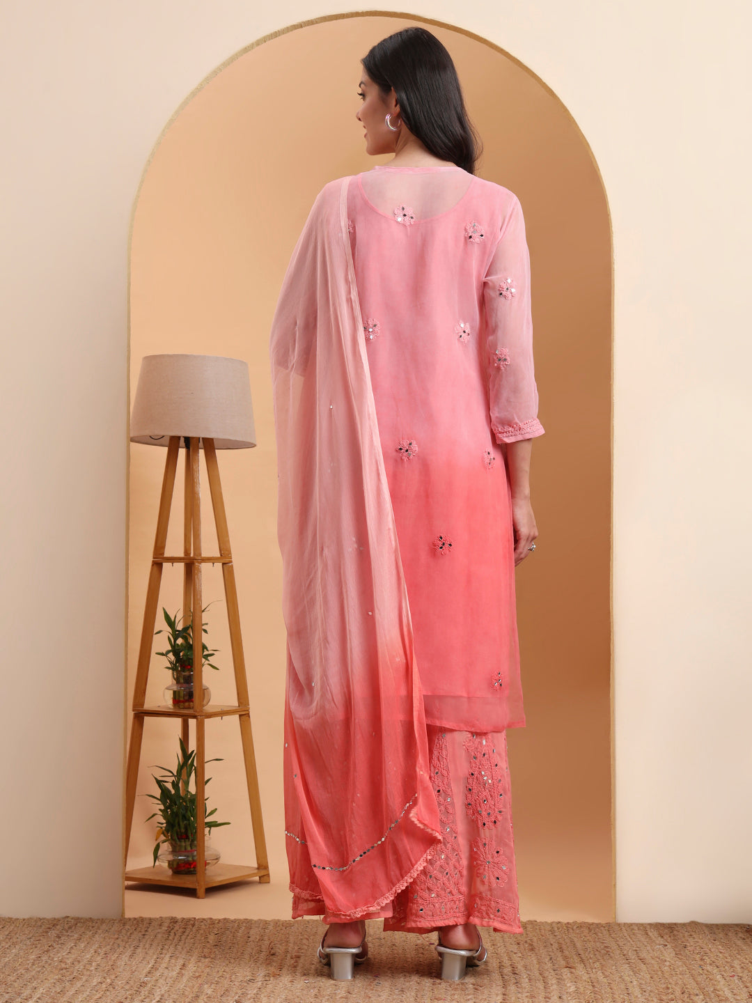 Elenora Women's Peach Georgette Chikankari Kurta Set with Sharara & Dupatta – Festive Ethnic Wear