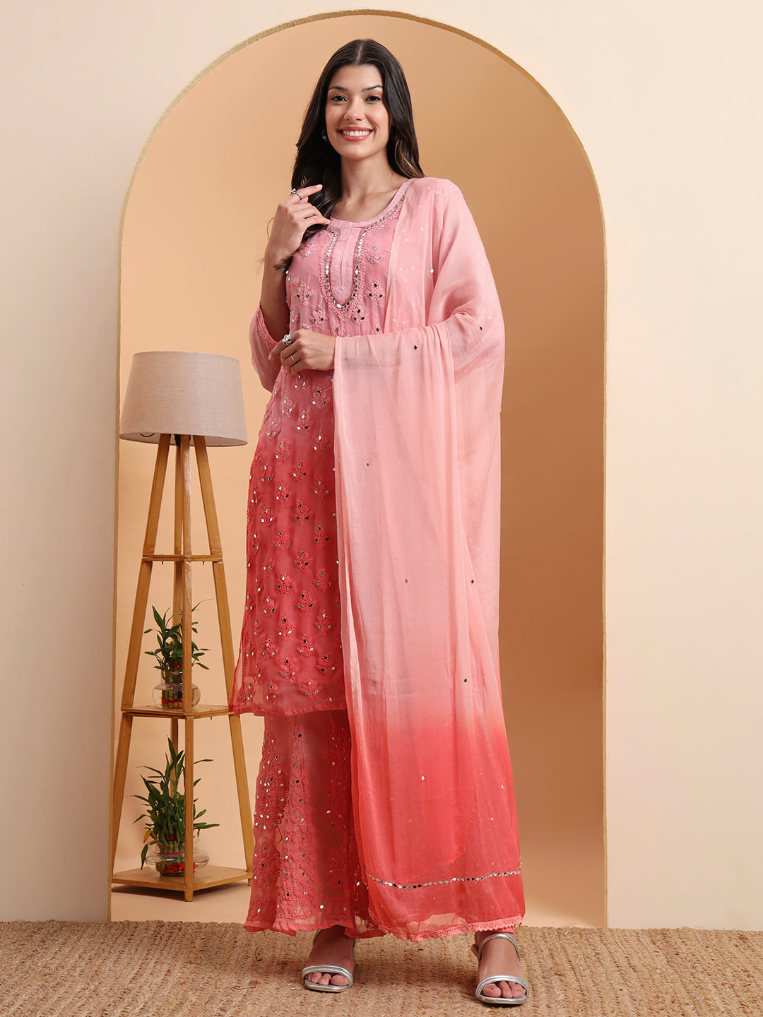 Elenora Women's Peach Georgette Chikankari Kurta Set with Sharara & Dupatta – Festive Ethnic Wear