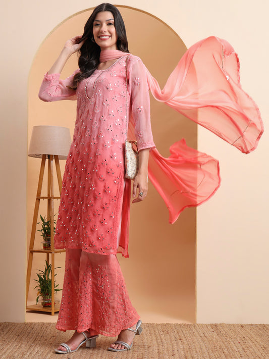Elenora Women's Peach Georgette Chikankari Kurta Set with Sharara & Dupatta – Festive Ethnic Wear