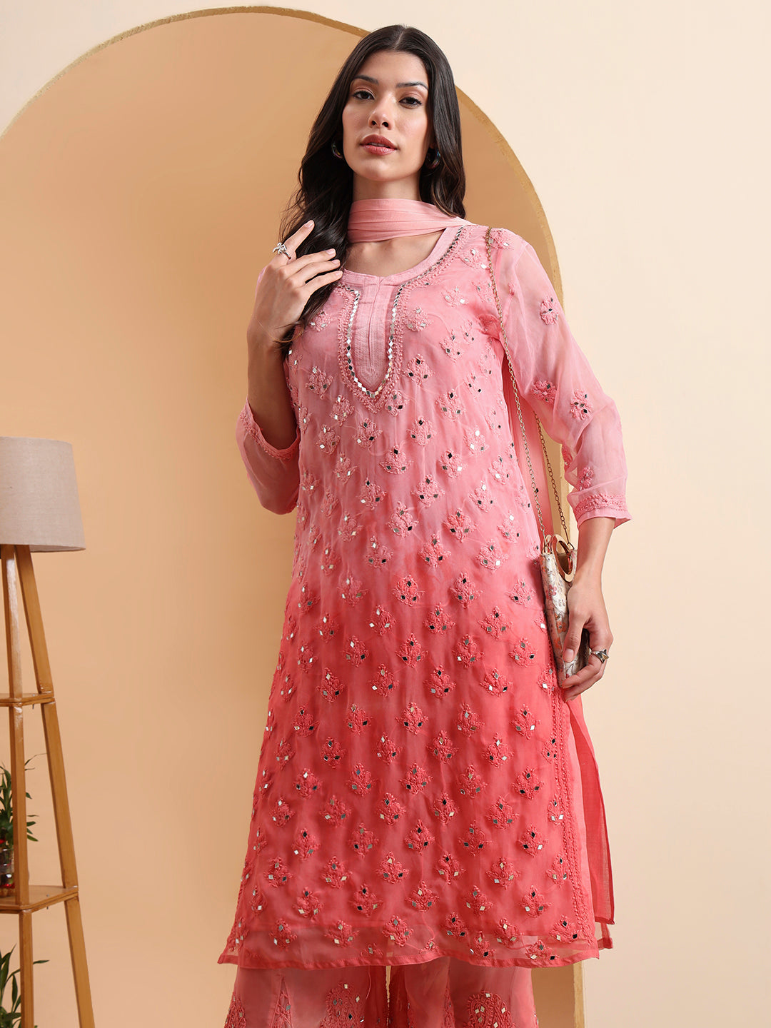 Elenora Women's Peach Georgette Chikankari Kurta Set with Sharara & Dupatta – Festive Ethnic Wear