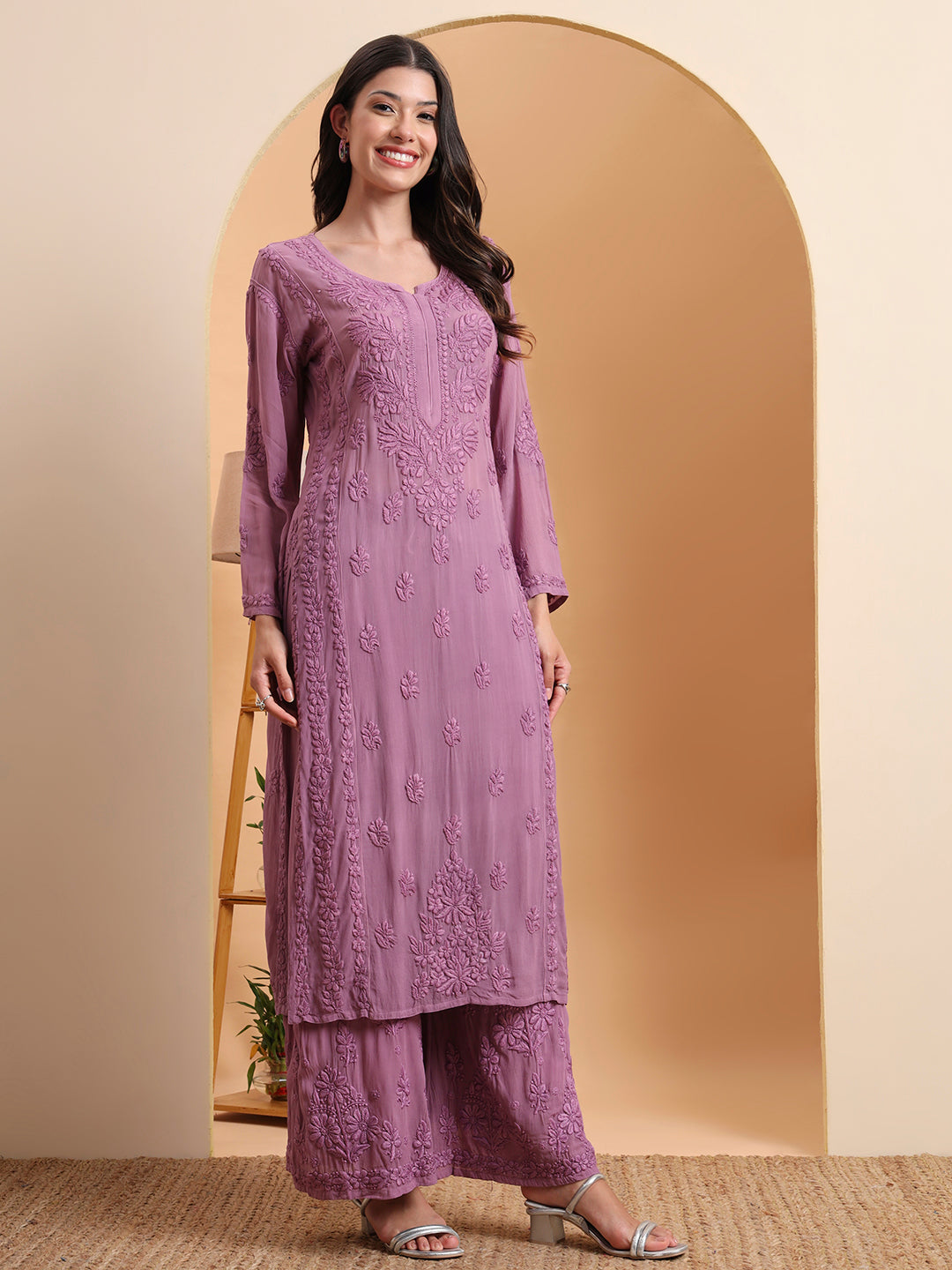 Elenora Women’s Lavender Viscose Chikankari Kurta Set with Palazzo & Dupatta – Elegant Ethnic Co-Ord Set